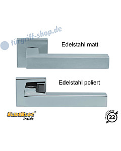 1002 (Quadra II) Quadratrosettengarnitur SlideBloc Edelstahl matt oder poliert Scoop