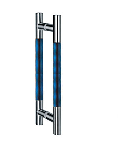 Klassik Modul Glastür-Stoßgriff-Paar 124/1 | Länge 390 mm | gerade Stütze | Stange Ø 26 mm Edelstahl matt / Alu blau eloxiert  Schneider + Fichtel