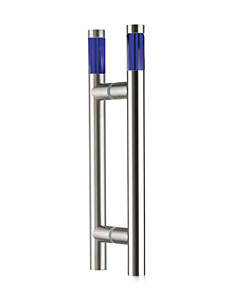 Klassik Vidrio Glastür-Stoßgriff-Paar 5602/1 | Länge 340 mm, mit blauen Glaszylindern groß, Edelstahl matt von Schneider + Fichtel