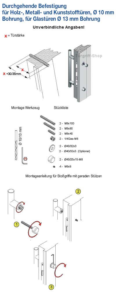 Durchschraub-Befestigung Stossgriff mit geraden Stützen Durchschraub-Befestigung Stossgriff mit geraden Stützen