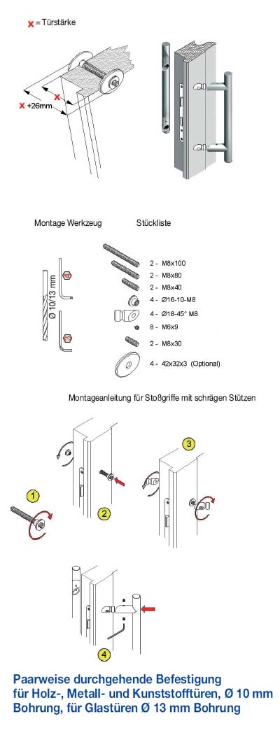 Paarweise Befestigung Stossgriff mit geraden Stützen Paarweise Befestigung Stossgriff mit schrägen Stützen