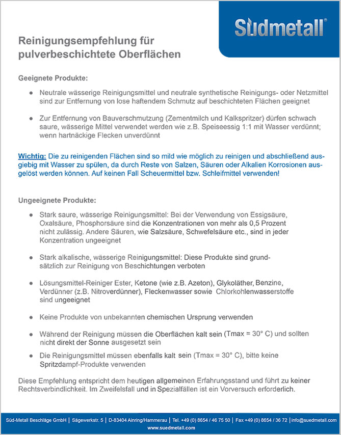 Reinigungsempfehlung von pulverbeschichteten Oberflächen