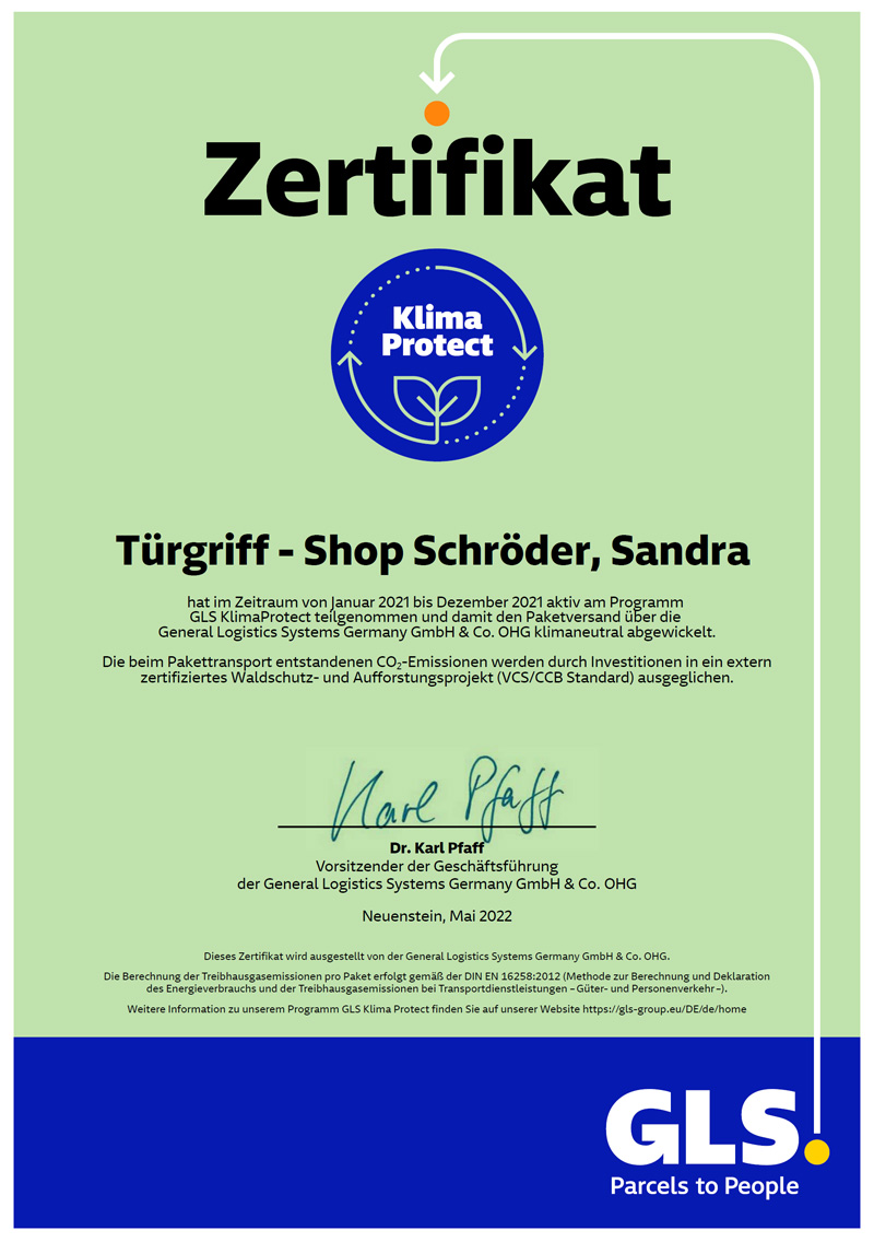 GLS Klimaprotect-Zertifikat für Türgriff-Shop Schröder