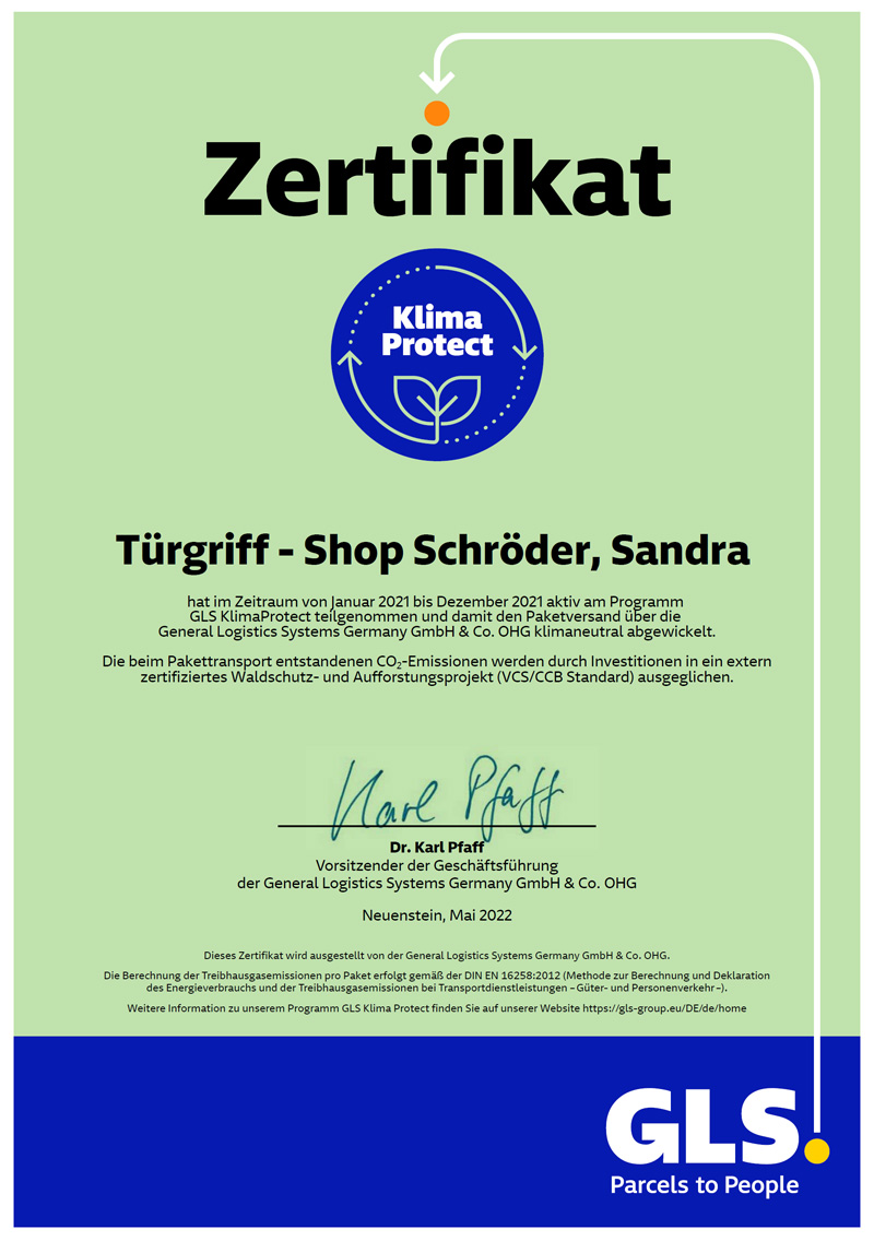 GLS Klimaprotect-Zertifikat für Türgriff-Shop Schröder GLS Klimaprotect-Zertifikat für Türgriff-Shop Schröder